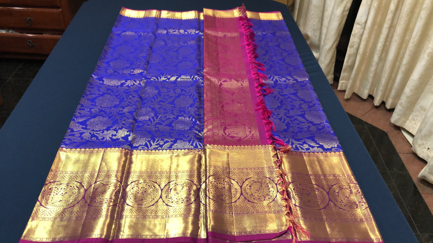 Bridal Kanchipuram Pure Silk Saree Blue & Pink Kanjivaram Sari| SPK