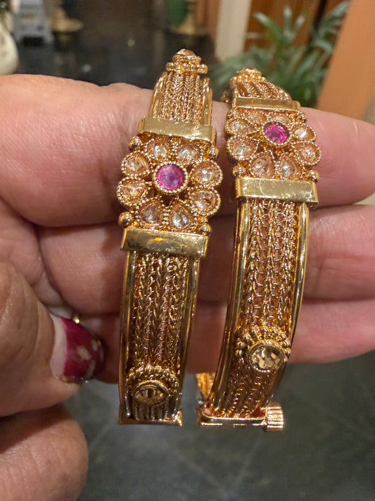 Indian Brass screw Bangles Set Ruby Pink Stones Antique Bracelets B9