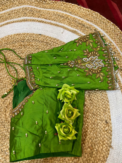 40” Aari hand Worked Sari Blouse Indian Top Choli Silk Green B44