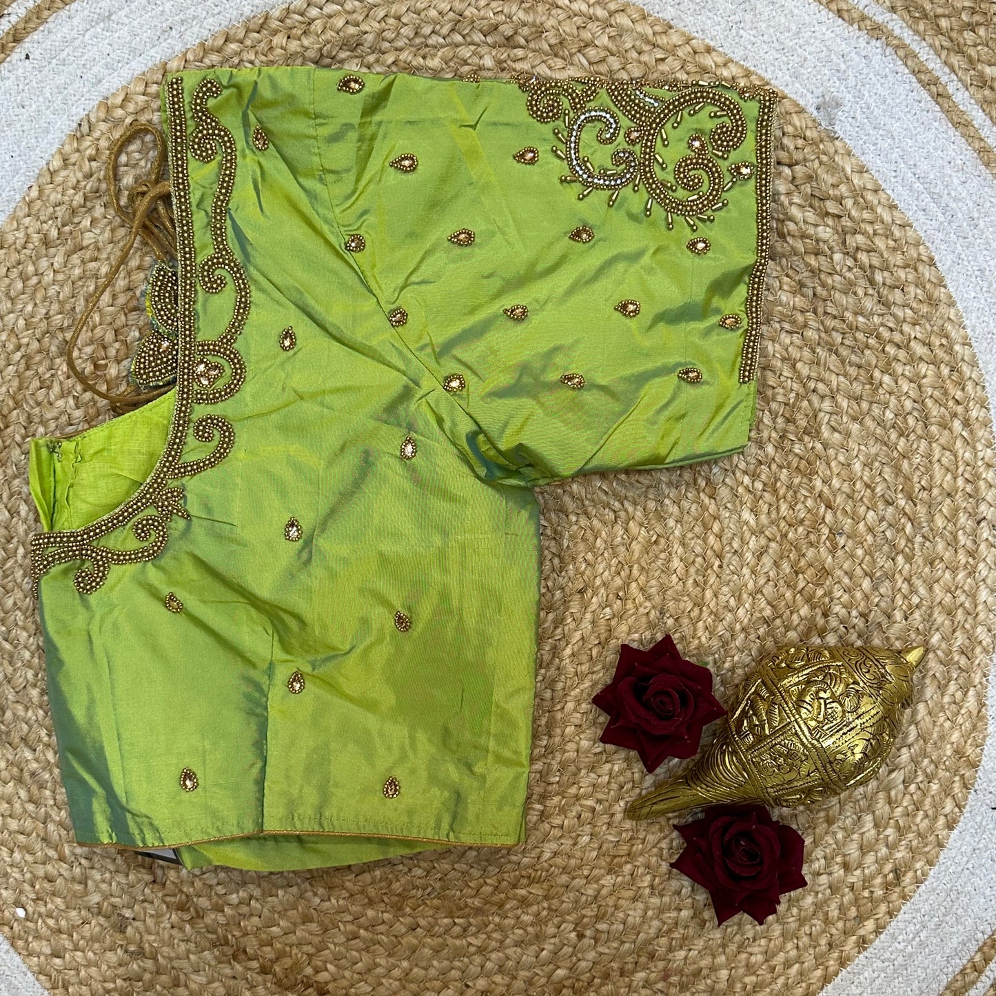 44” Size 14 Aari Worked Sari Blouse Indian Saree Top Silk Apple Green B250