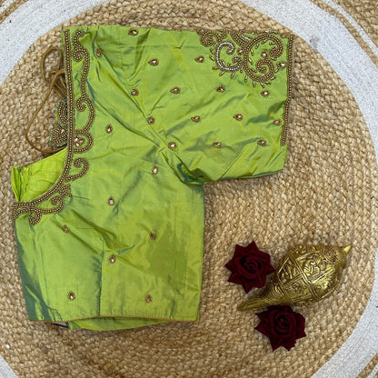 44” Size 14 Aari Worked Sari Blouse Indian Saree Top Silk Apple Green B250