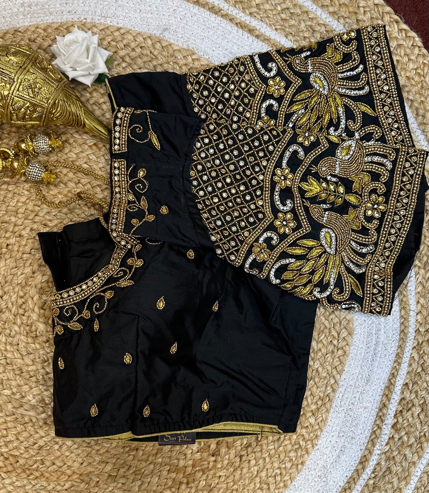 50” Size 20 Aari Worked Sari Blouse Indian Saree Top Silk Black B68