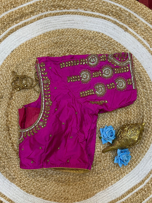 46” Size 16 Aari Worked Sari Blouse Indian Saree Top Silk Rani Pink B196