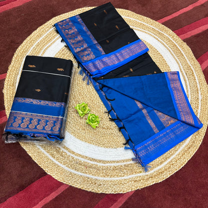 Black & Blue Kalyani Silk Cotton Sari South Indian Saree S140
