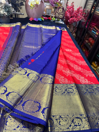 Bridal Kanchipuram Pure Silk Saree Red & Blue Kanjivaram Sari| SPK130