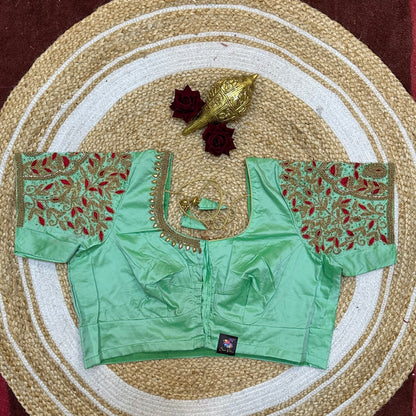 44” Size 14 Aari Worked Sari Blouse Indian Saree Top Silk Teal B249