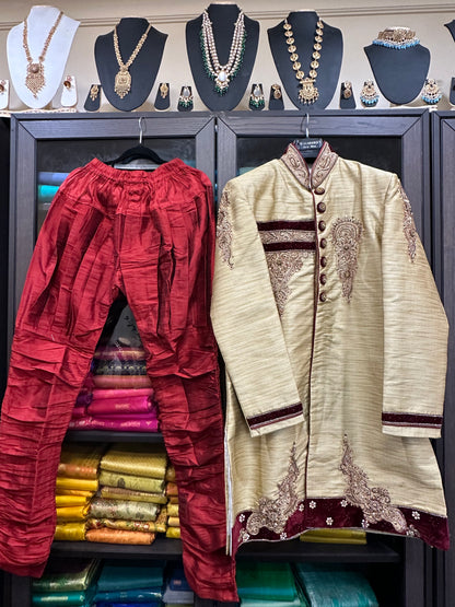40” Large size Men’s Kurta Indian Gold & Maroon Sherwani Bollywood outfit M9