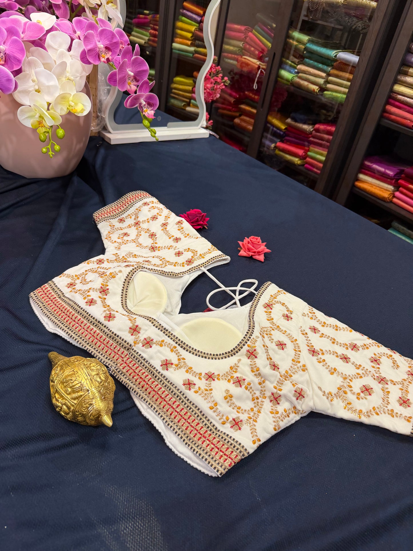 40” White Velvet Sari Blouse Indian Top Choli B1