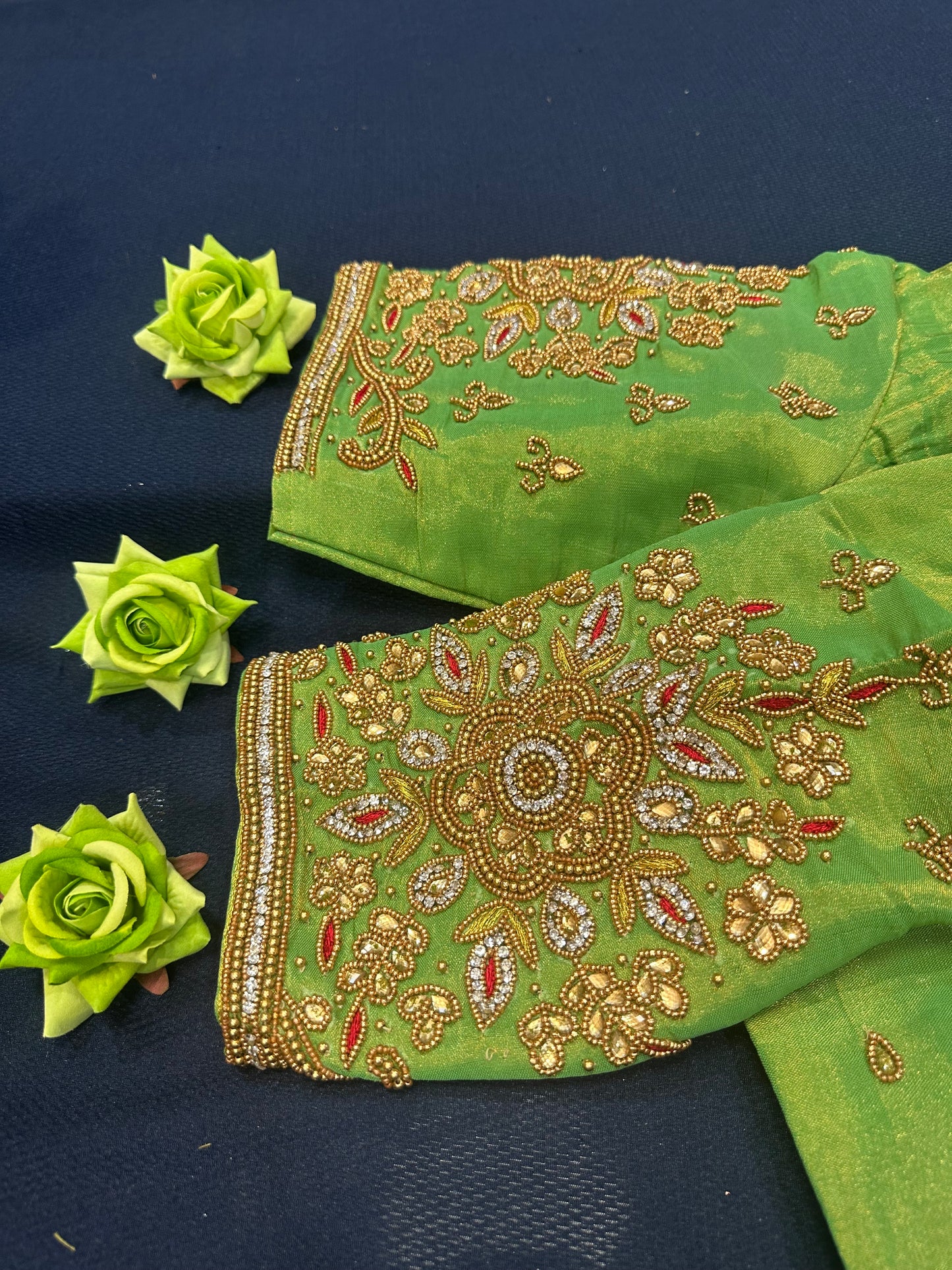 40” Aari hand Worked Sari Blouse Indian Top Choli Silk Green Gold B12