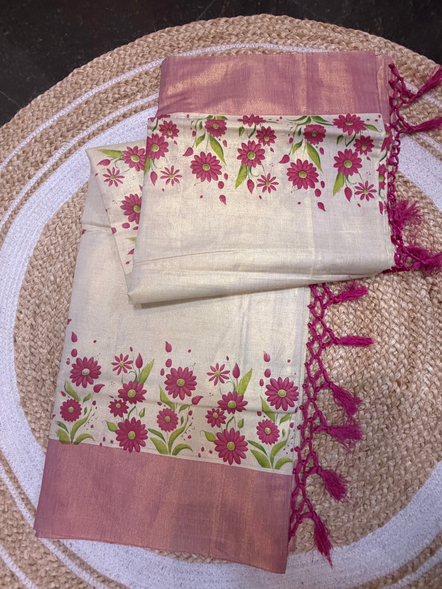 Pink Kerala Vishu Sari Indian Cream Tissue hand Printed Onam Saree C16