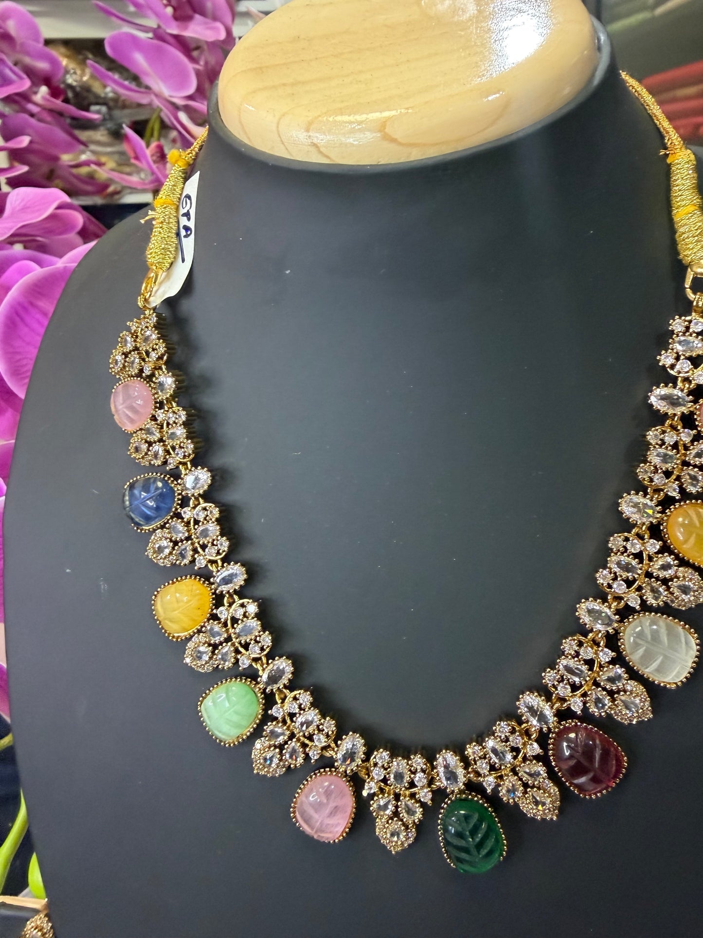 Indian Brass Necklace & Earrings Jewellery Set Multi N62