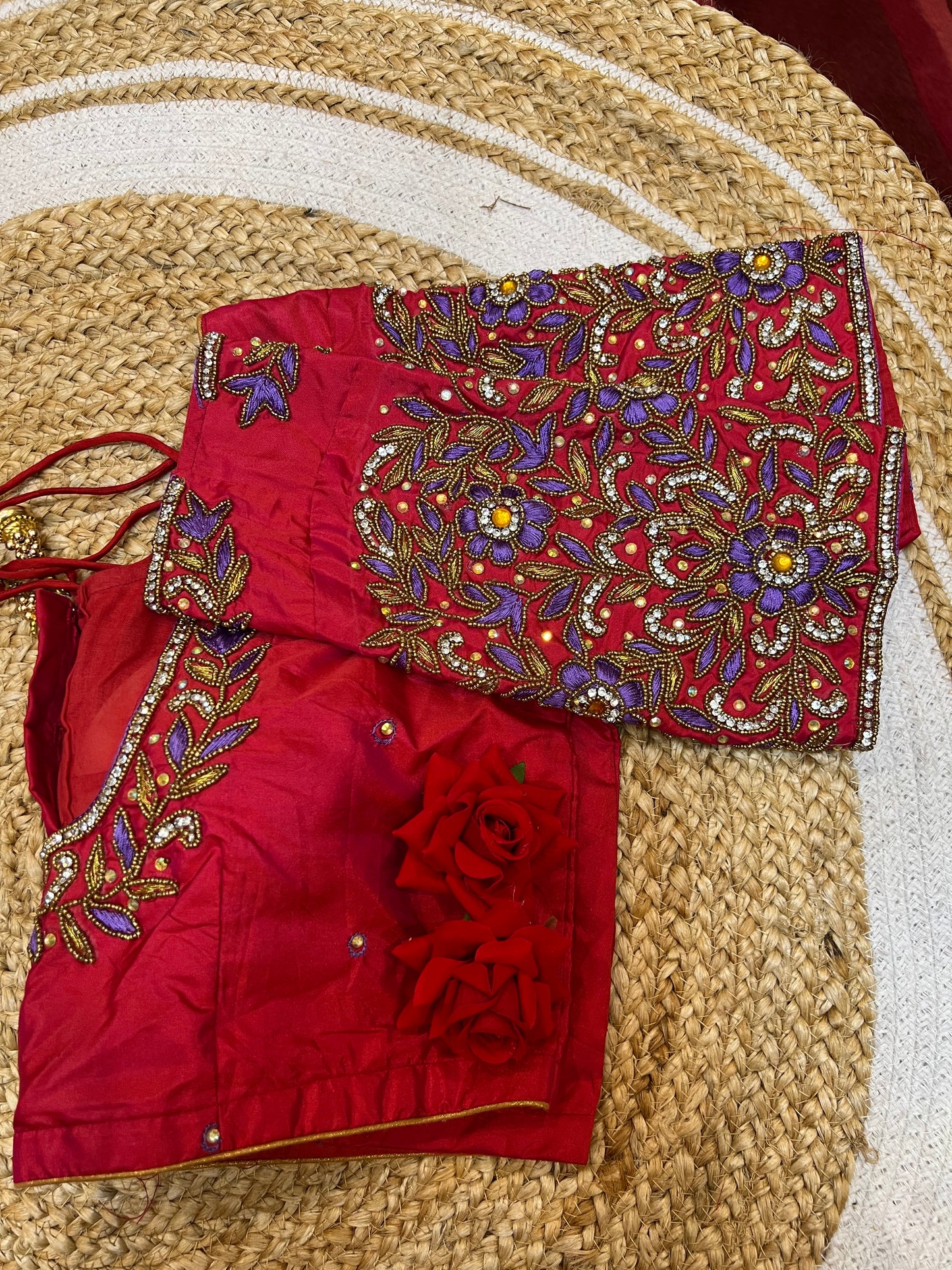 40” Aari hand Worked Sari Blouse Indian Top Choli Silk Red B32