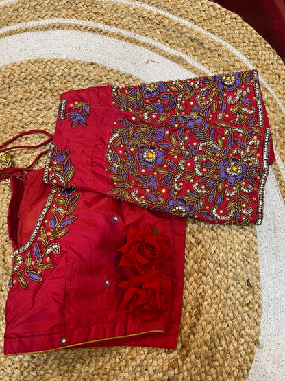 40” Aari hand Worked Sari Blouse Indian Top Choli Silk Red B32