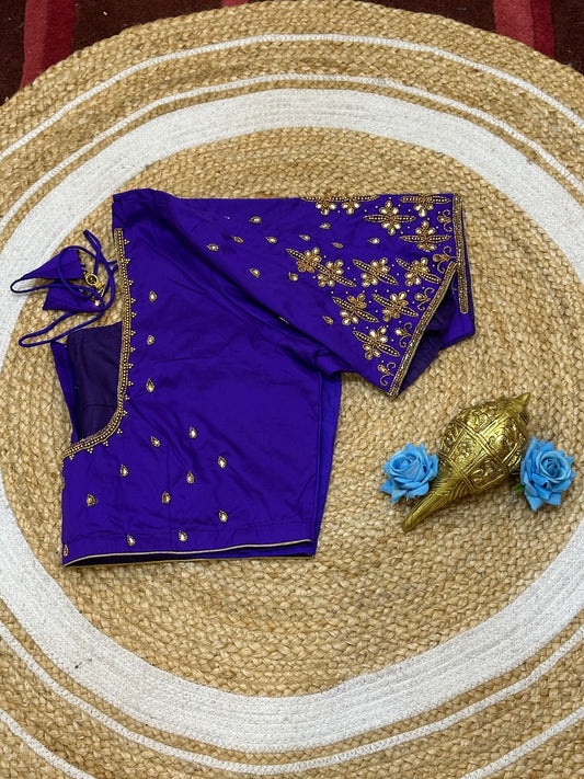 46” Size 16 Aari Worked Sari Blouse Indian Saree Top Silk Purple B188