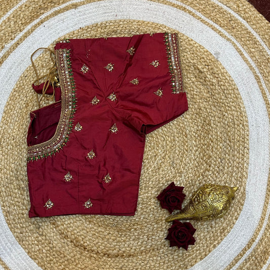 44” Size 14 Aari Worked Sari Blouse Indian Saree Top Metallic Red B262