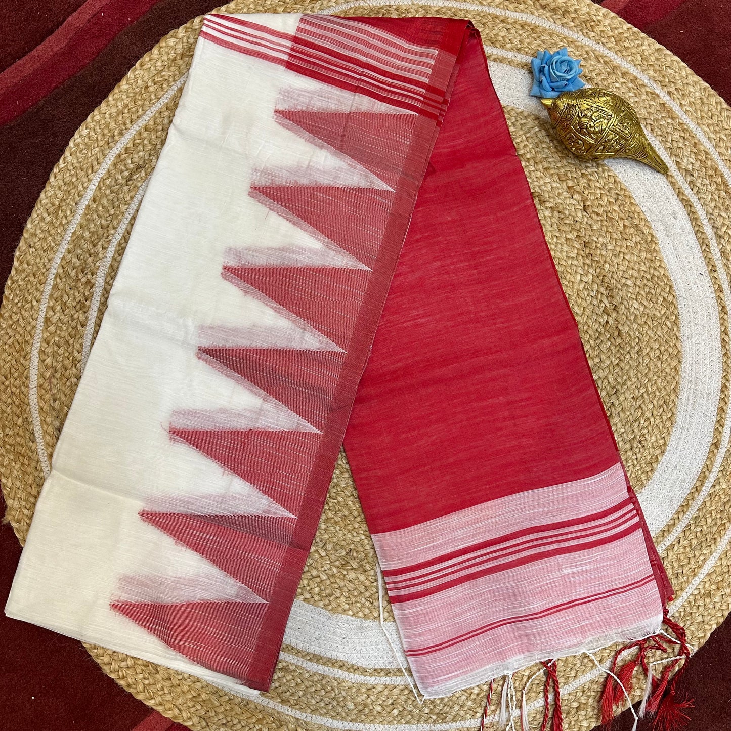 Red & Green Soft Cotton Linen Sari Indian Saree with temple border C1