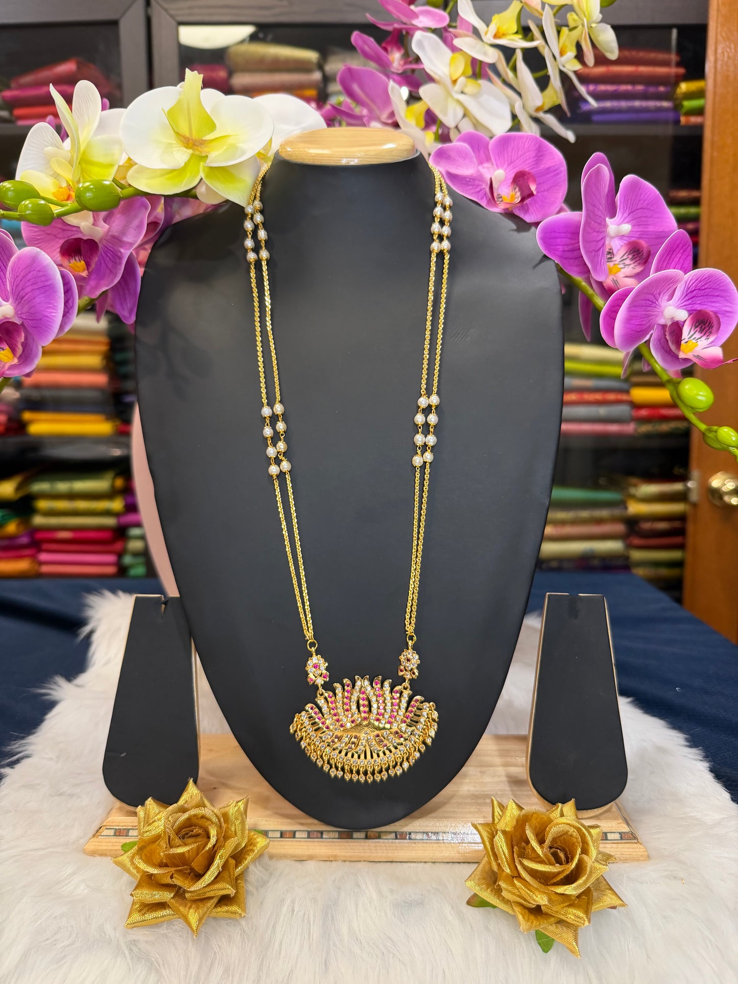 Impon Indian Necklace Ruby Lotus Pathakkam Haram Wedding Jewellery N29