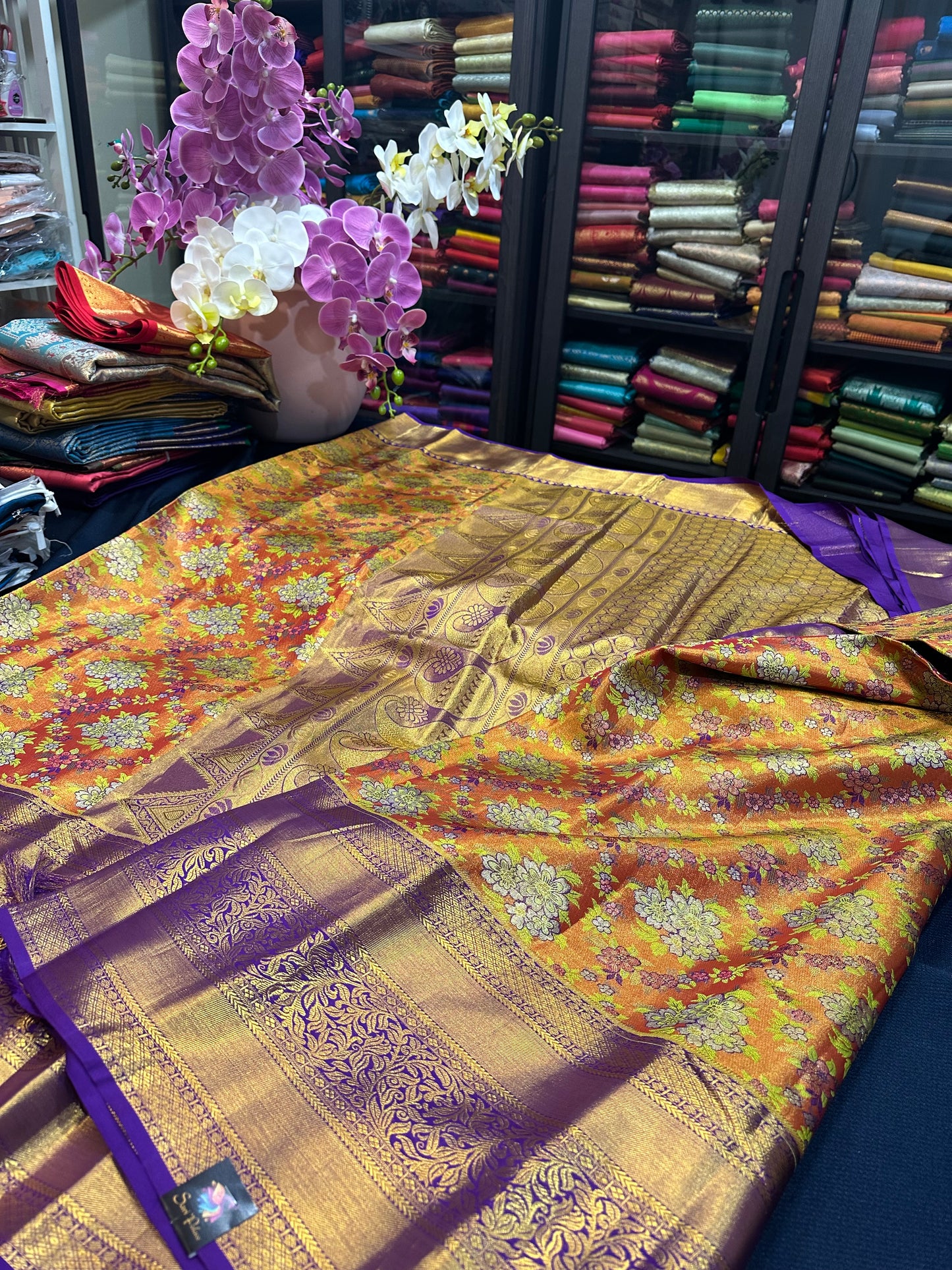 Kanchipuram Pure Silk Bridal Tissue Saree Indian Kanjivaram Floral Sari SPK385
