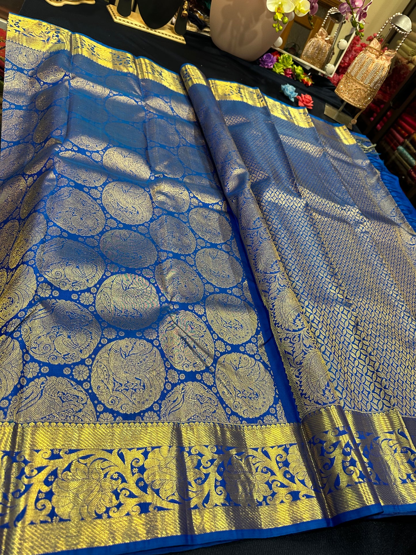 Kanchipuram Bridal Pure Silk Saree with Gold Zari Blue & Gold Sari| SPK084