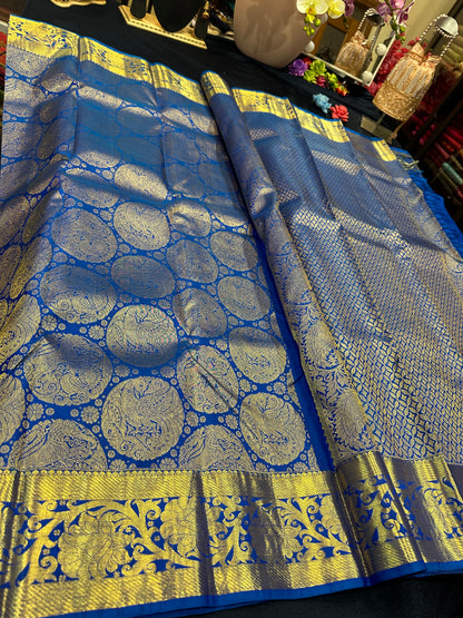 Kanchipuram Bridal Pure Silk Saree with Gold Zari Blue & Gold Sari| SPK084