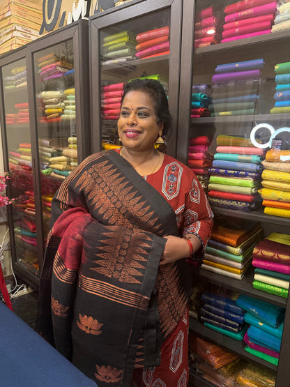 Silk Cotton Linen Sari Indian Saree Copper Jari Maroon Black S129