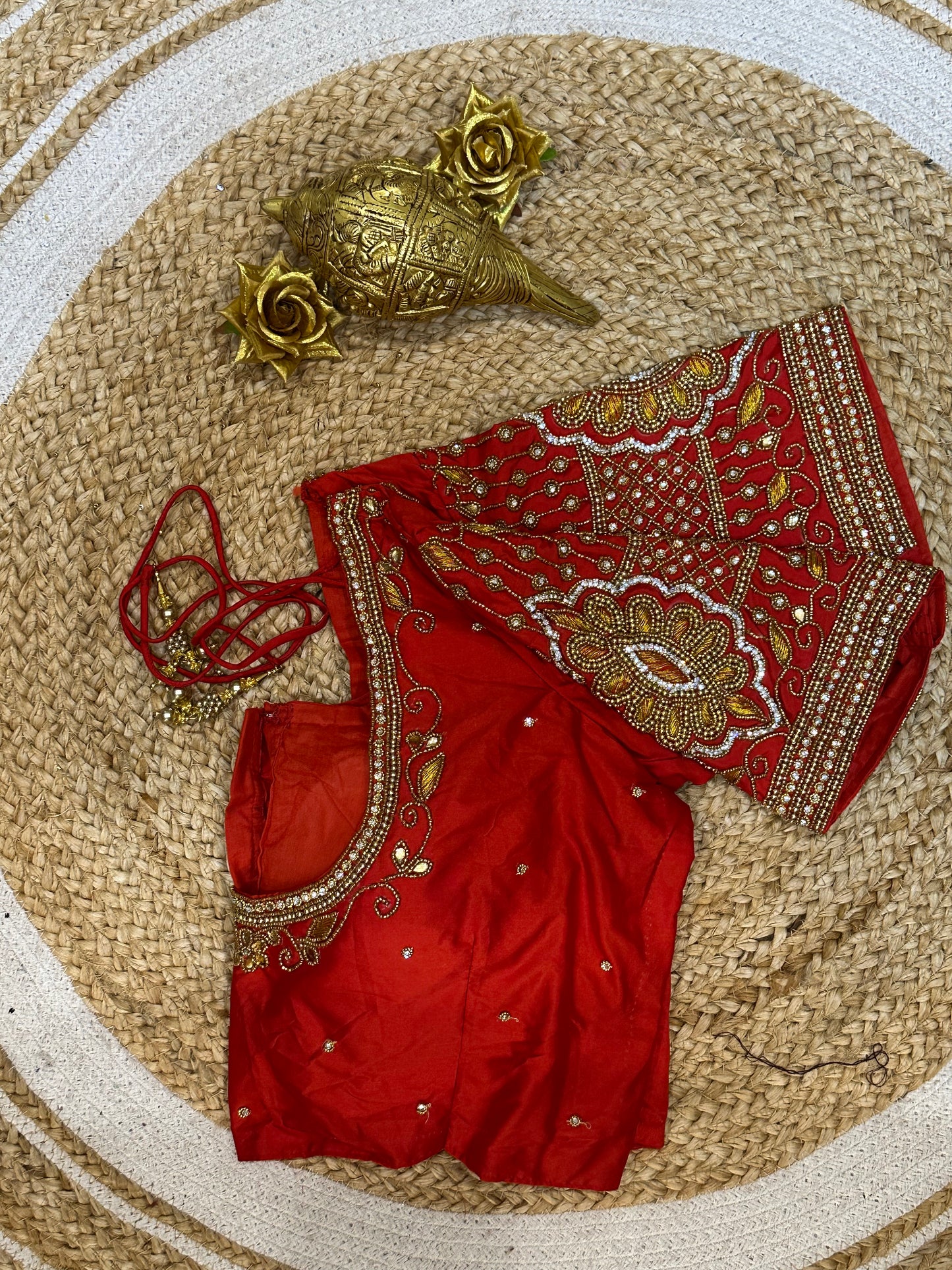 40” Size 10 Aari Worked Sari Blouse Indian Saree Top Silk Red B81