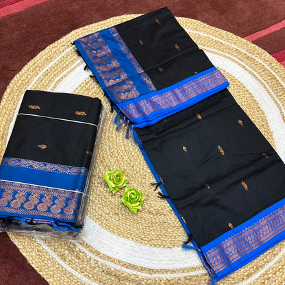 Black & Blue Kalyani Silk Cotton Sari South Indian Saree S140