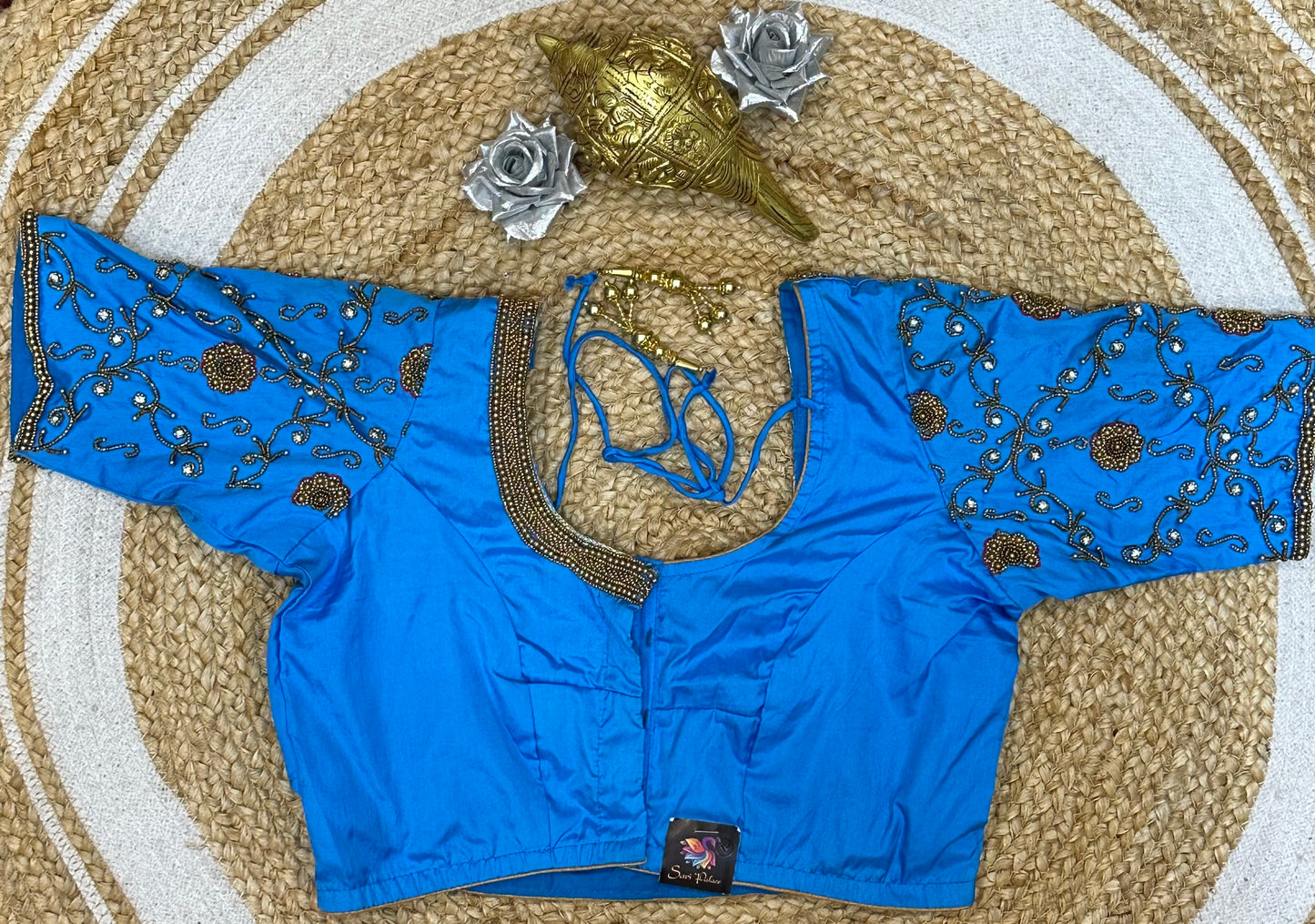 34” XSmall size Aari Worked Sari Blouse Indian Saree Top BLUE B143