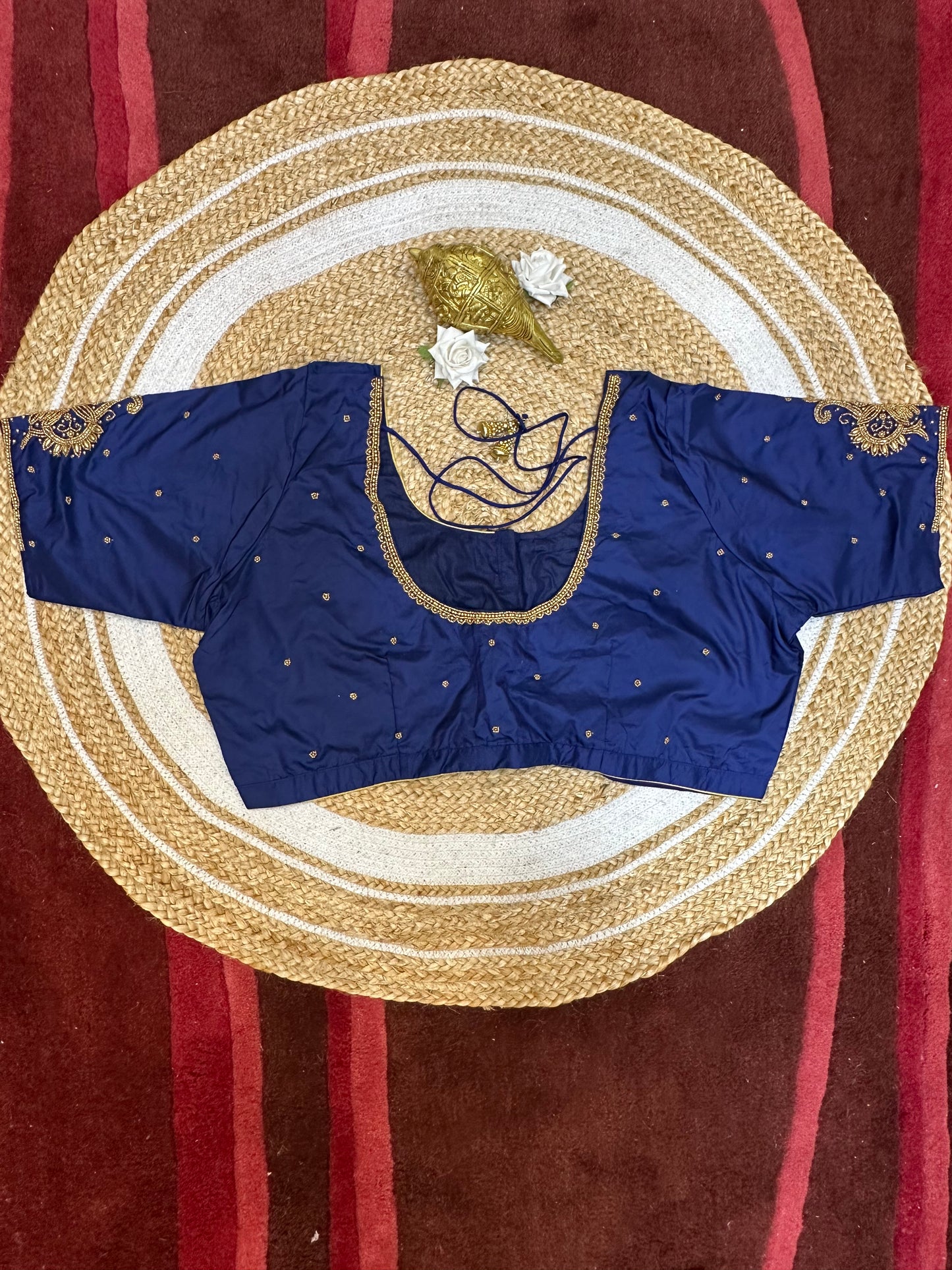50” Size 20 Aari Worked Sari Blouse Indian Saree Top Silk Blue B61
