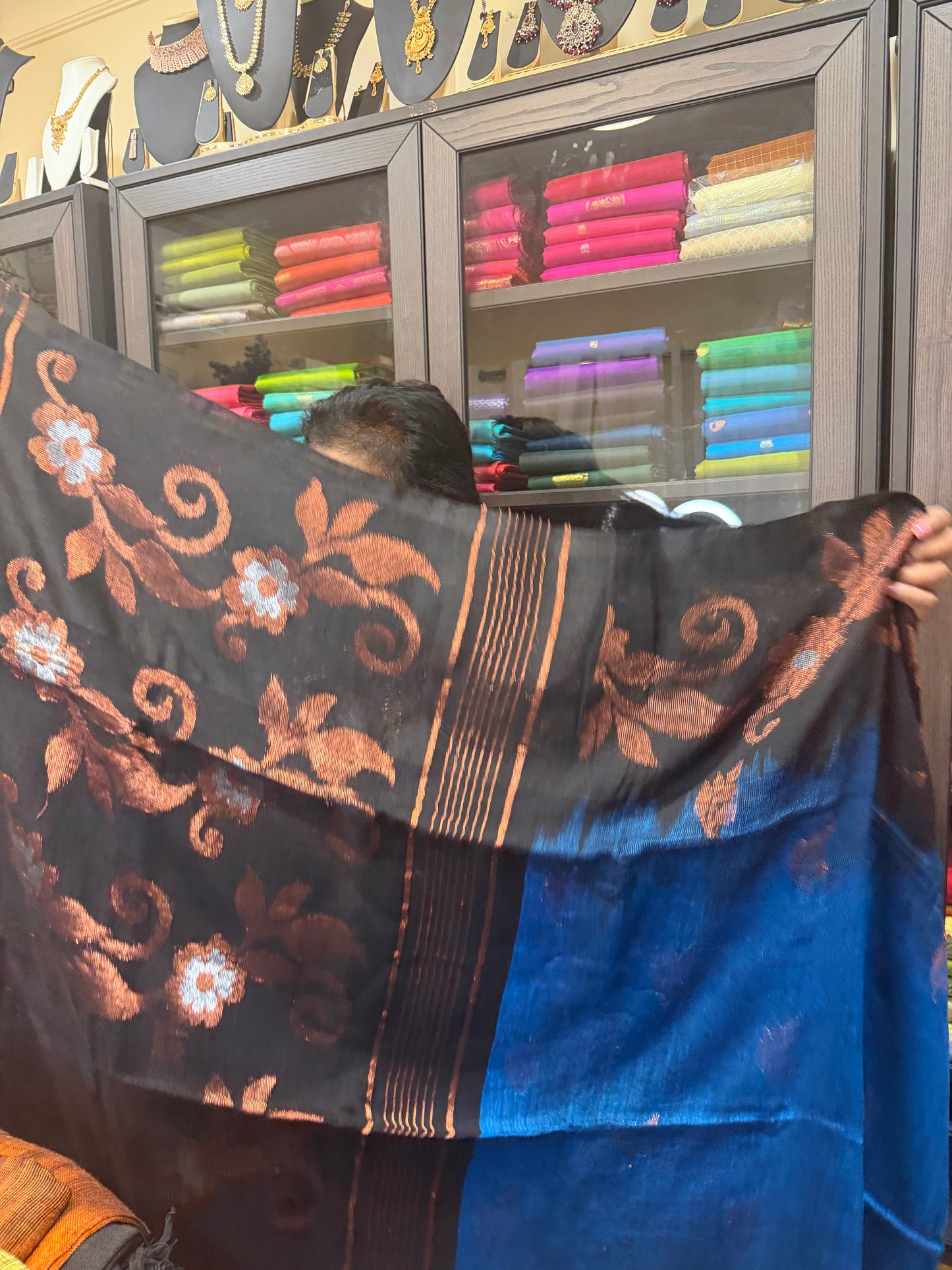 Silk Cotton Linen Sari Indian Saree Copper Jari Magenta Blue Black S124