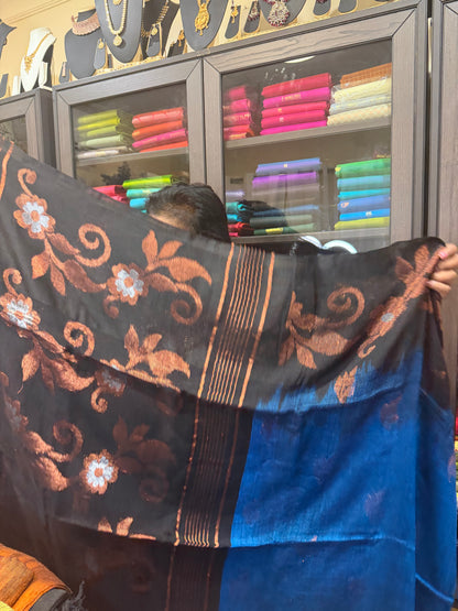 Silk Cotton Linen Sari Indian Saree Copper Jari Magenta Blue Black S124