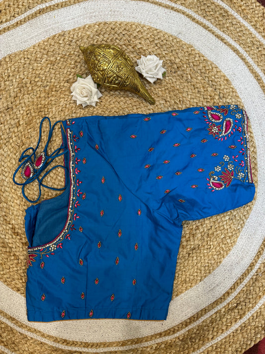 50” Size 20 Aari Worked Sari Blouse Indian Saree Top Silk Blue B52