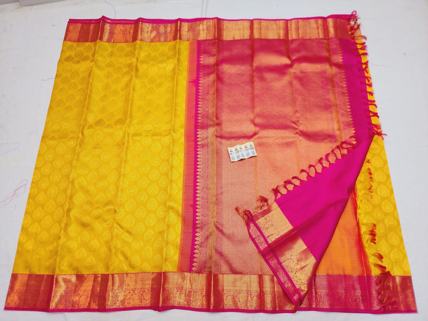 Bridal Kanchipuram Pure Silk Saree Yellow & Rani Pink Kanjivaram Sari| SPK112