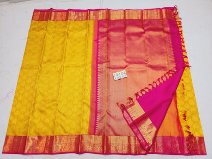 Bridal Kanchipuram Pure Silk Saree Yellow & Rani Pink Kanjivaram Sari| SPK112