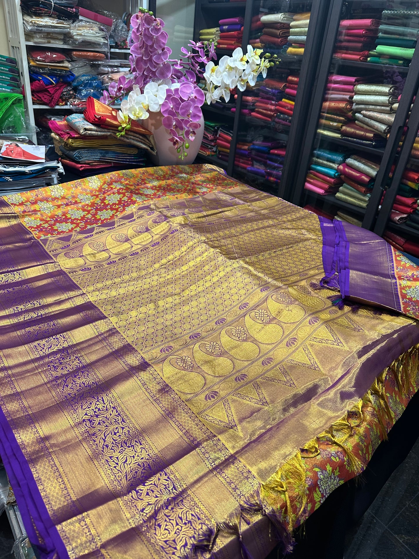 Kanchipuram Pure Silk Bridal Tissue Saree Indian Kanjivaram Floral Sari SPK385