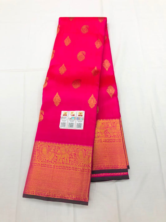 2g Gold Kanchipuram Pure Silk Saree Bridal Handloom Indian Kanjivaram Sari Pink SPK350