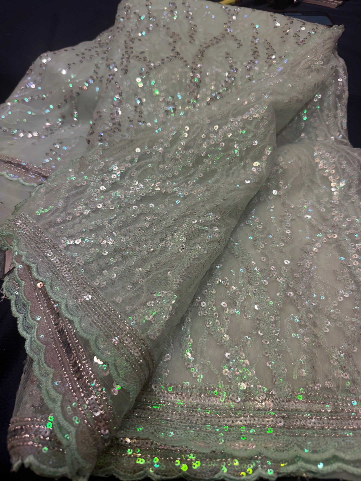 Net Sari Indian Bollywood Sequins Designer Fancy Party wear Saree Aqua Z2