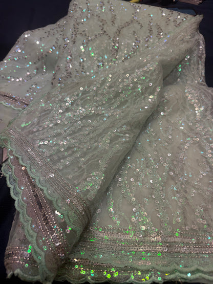 Net Sari Indian Bollywood Sequins Designer Fancy Party wear Saree Aqua Z2