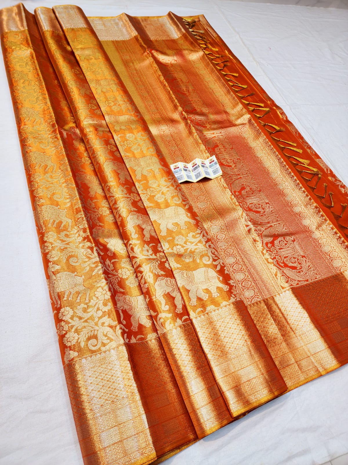 Bridal Tissue Kanchipuram Pure Silk Saree Orangish Gold Kanjivaram Sari| SPK087
