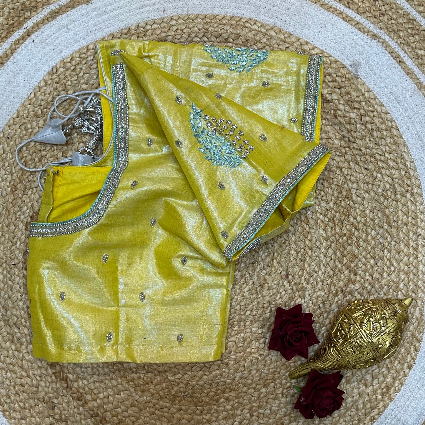 L44” Size 14 Aari Worked Sari Blouse Indian Saree Top Metallic Yellow B261