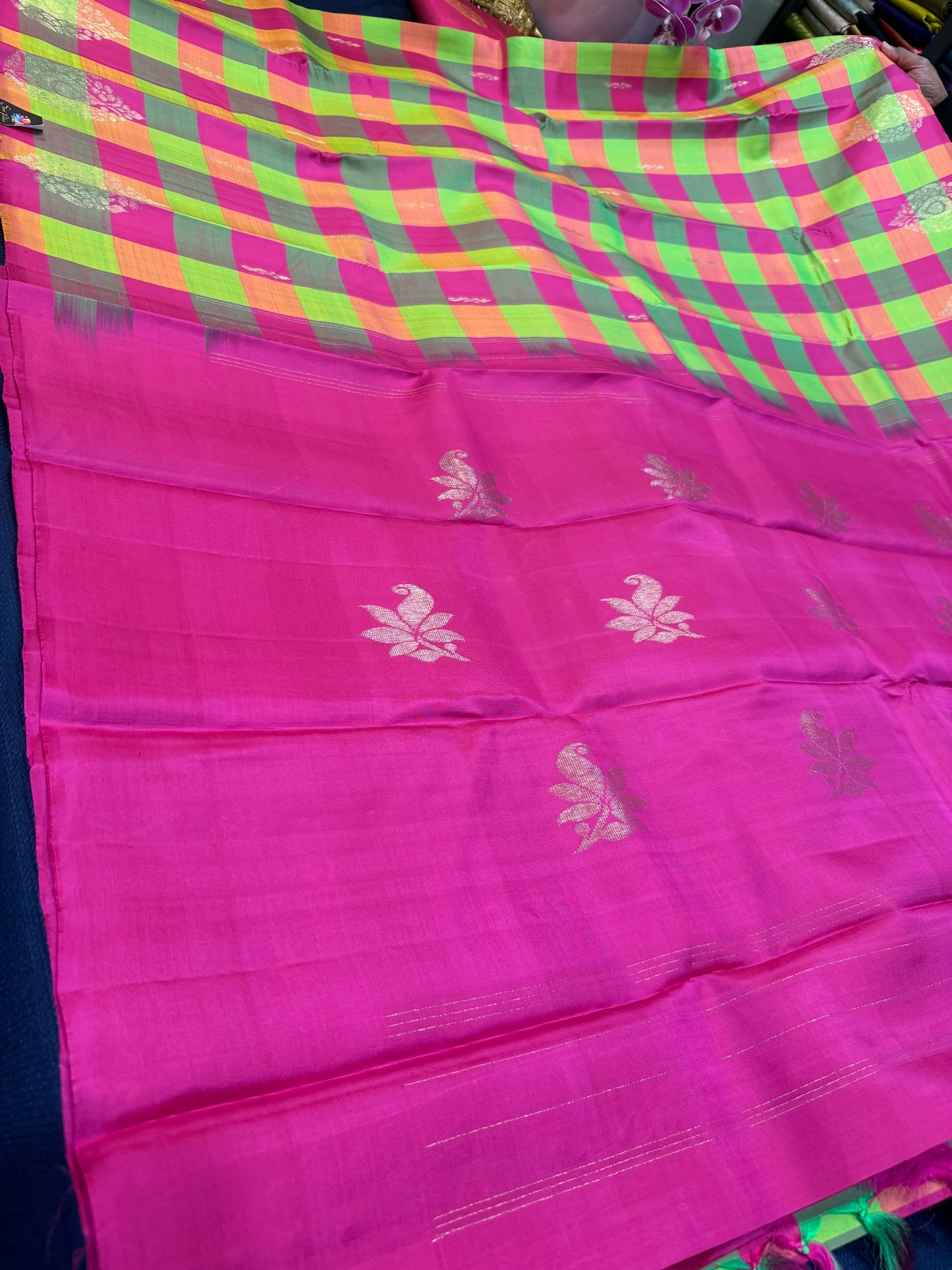Checkered Kanchipuram Pure Silk Saree Multi Colour Kanjivaram Sari SPK424