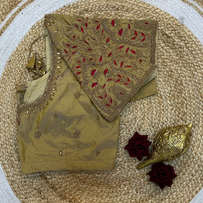 44” Size 14 Aari Worked Sari Blouse Indian Saree Top Silk Light Gold B257