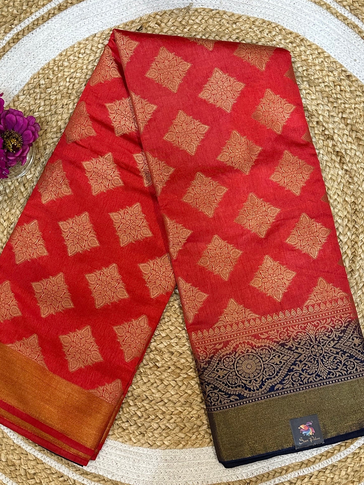 Bangalore Silk Sari Indian Fancy Saree Red & Blue S71