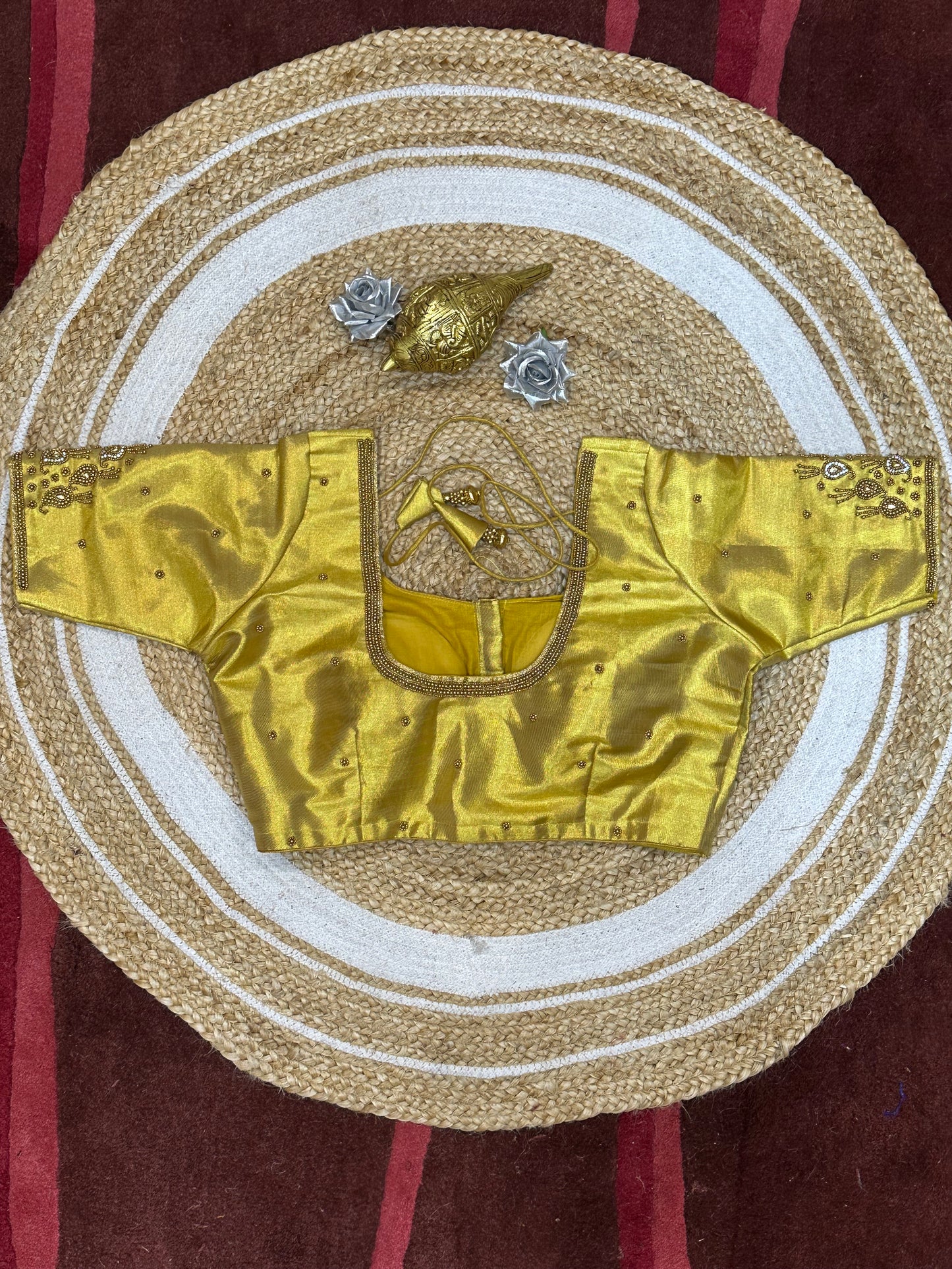 40” Size 10 Aari Worked Sari Blouse Indian Saree Top Silk Gold B177