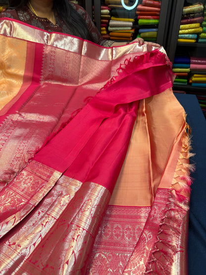 Bridal Kanchipuram Peach Pink Pure Silk Saree Kanjivaram Sari SPK420