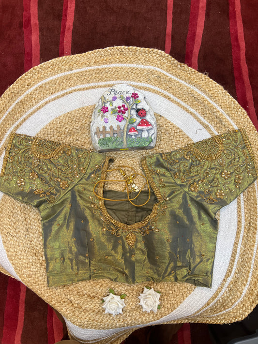 40” Aari hand Worked Sari Blouse Indian Top Choli Silk B27