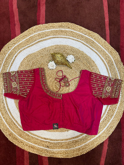 50” Size 20 Aari Worked Sari Blouse Indian Saree Top Silk Red B51