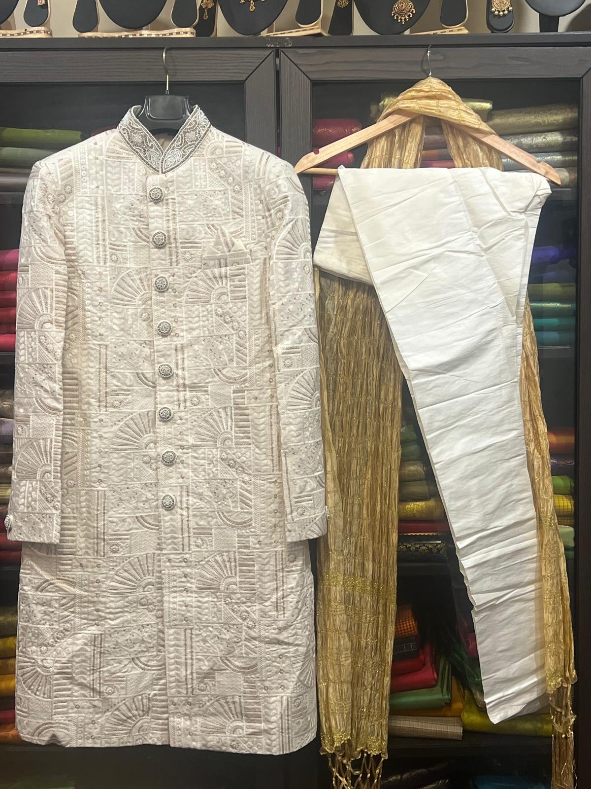 36” Small size Men’s Kurta Indian Ceam & Maroon Sherwani Bollywood outfit M14