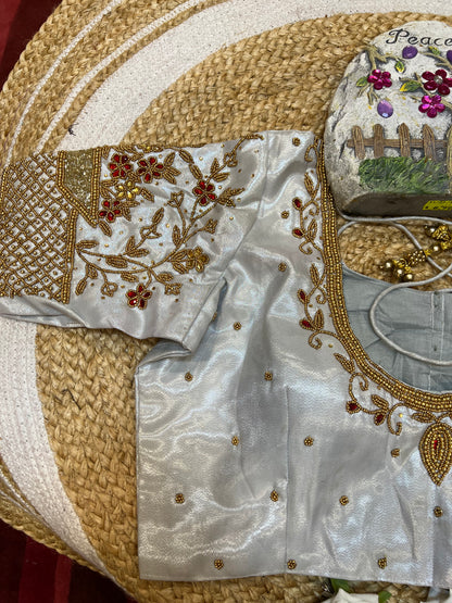 40” Aari hand Worked Sari Blouse Indian Top Choli Silk White B28