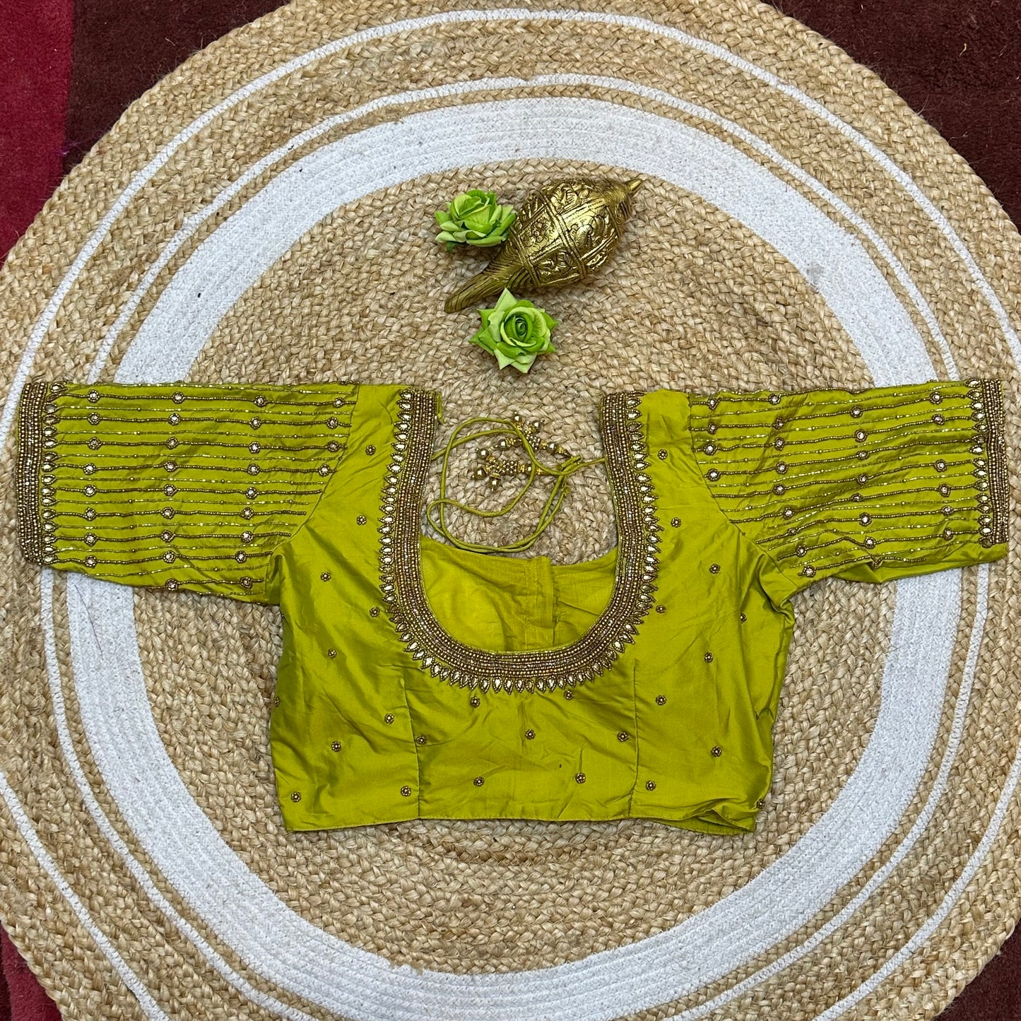 38” M Size 8 Aari Worked Sari Blouse Indian Saree Top Mehndi Green B292